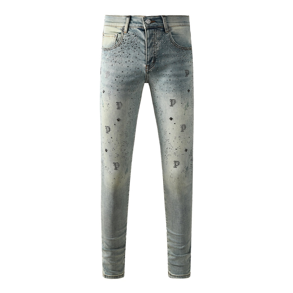 Purple Brand Men's Distressed Skinny Jeans with Cross Rhinestones, Ripped Holes & Button Fly