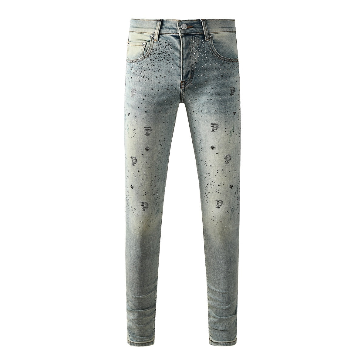 Purple Brand Men's Distressed Skinny Jeans with Cross Rhinestones, Ripped Holes & Button Fly