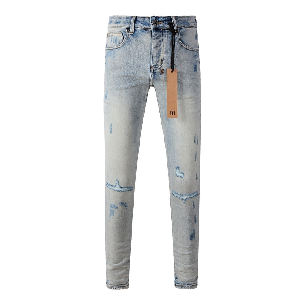 Men's Light Wash Artistic Patchwork Distressed Skinny Jeans - Stretch Denim