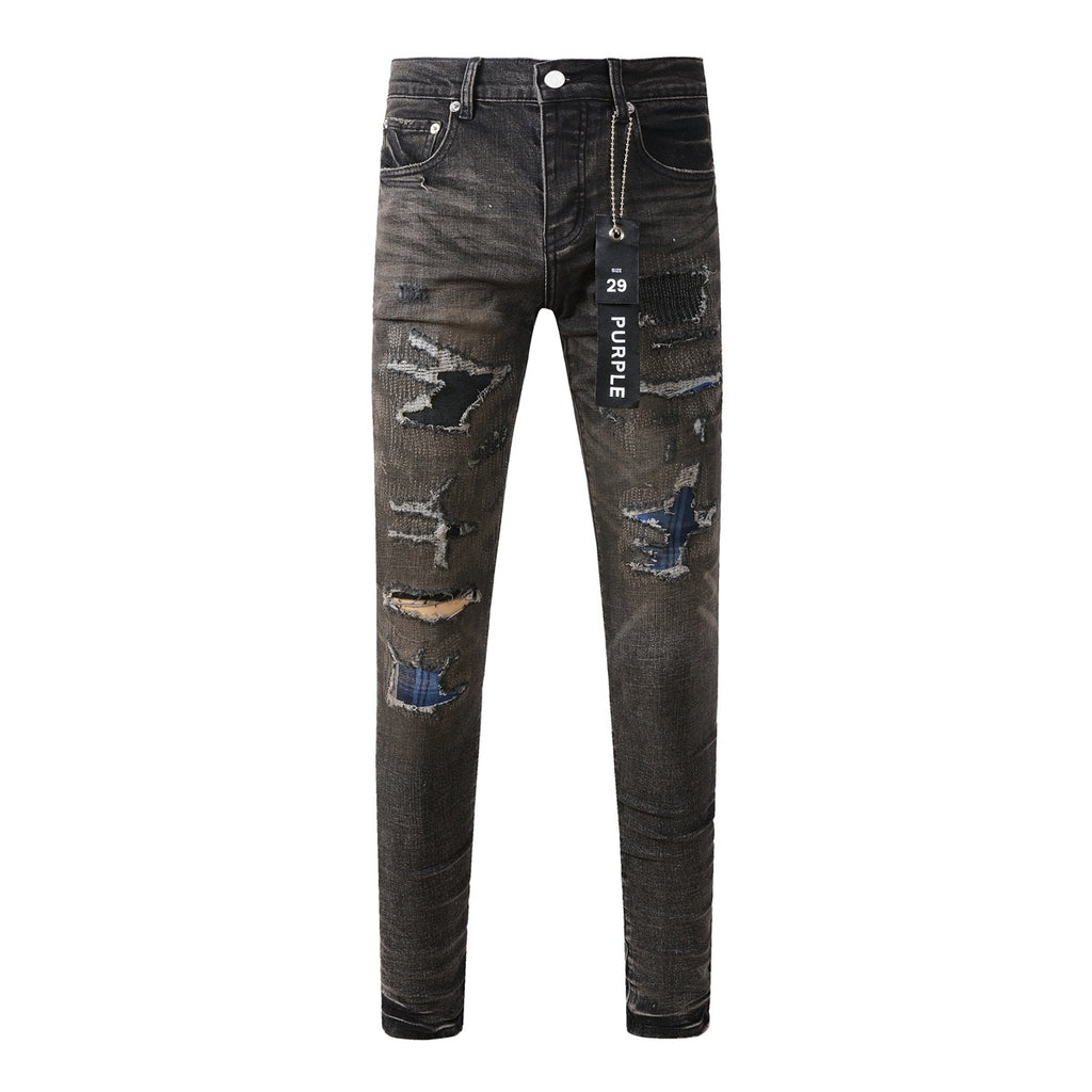 Men's Distressed Black Gray Patchwork Skinny Jeans with Ripped Holes & Button Fly