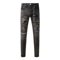 Men's Distressed Black Gray Patchwork Skinny Jeans with Ripped Holes & Button Fly