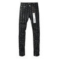 Men's Black Vertical Rhinestone Striped Skinny Jeans | Streetwear Slim Fit Denim Pants