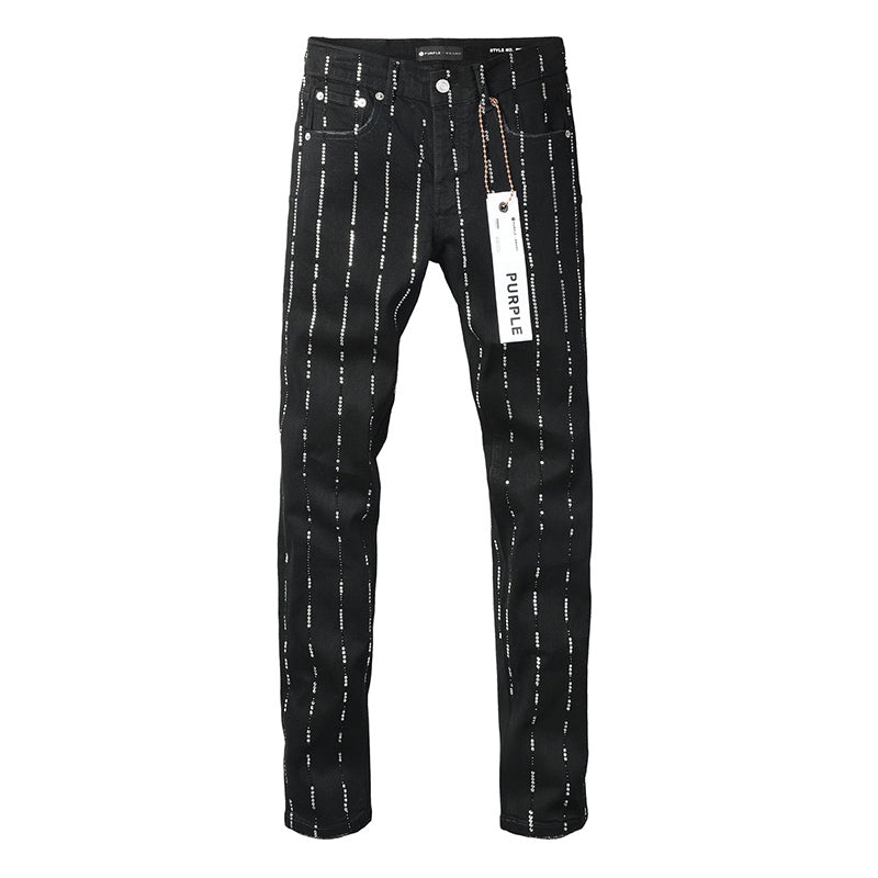 Men's Black Vertical Rhinestone Striped Skinny Jeans | Streetwear Slim Fit Denim Pants