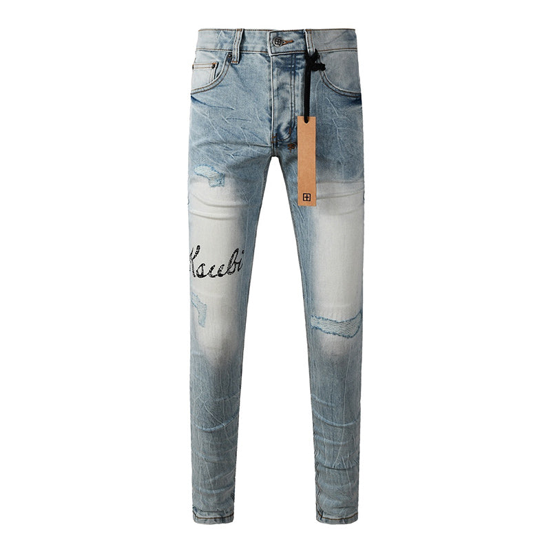 Men's Ksubi-Style Light Wash Rhinestone Logo Skinny Jeans - Streetwear Denim