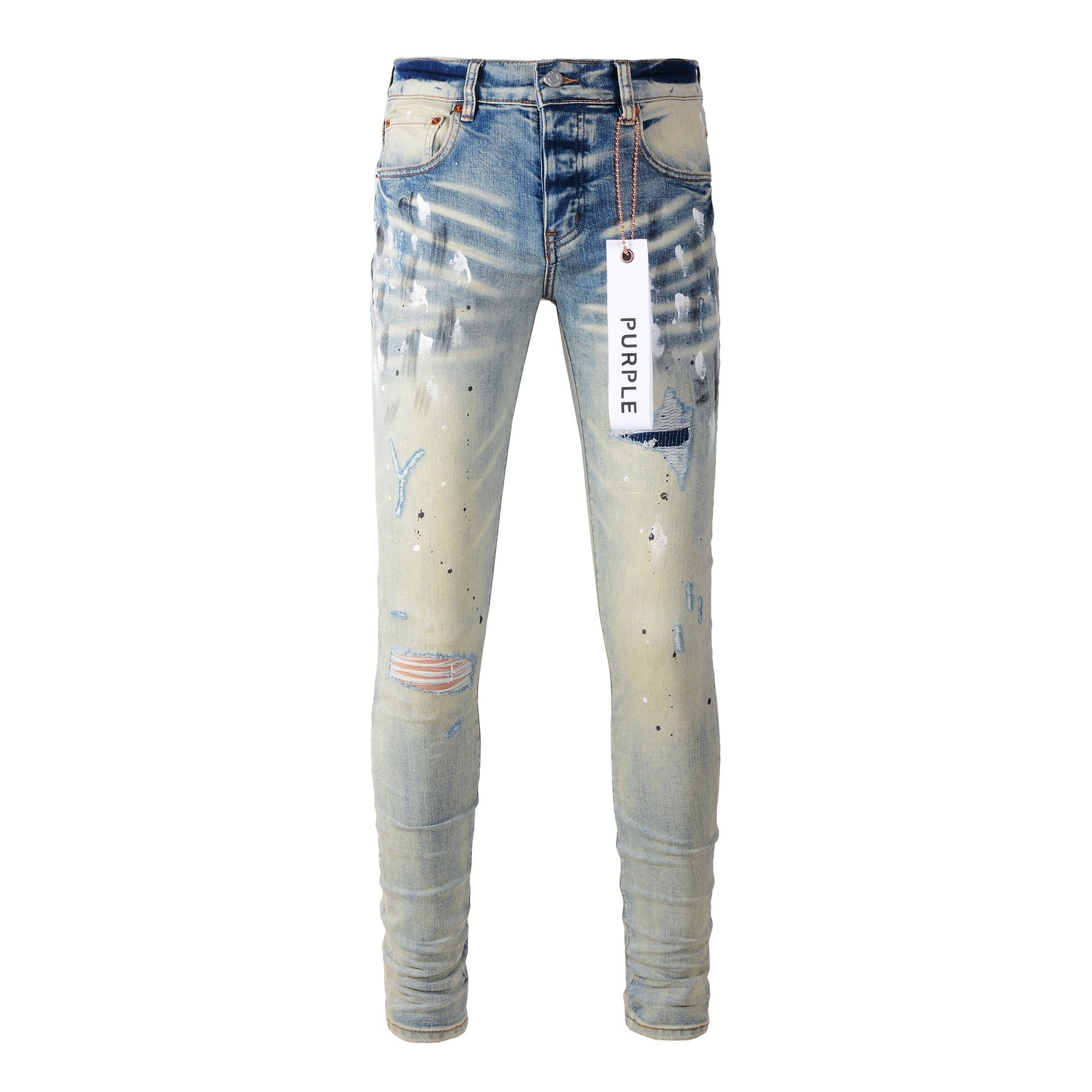 Men's High Street Distressed Blue Destroyed Hole Slim Fit Spray Paint Ripped Jeans