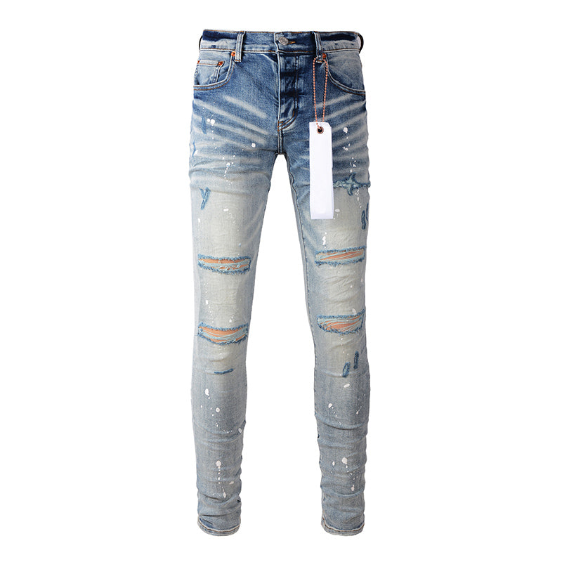 Men’s Skinny Jeans – Light Blue Distressed Stretch Denim