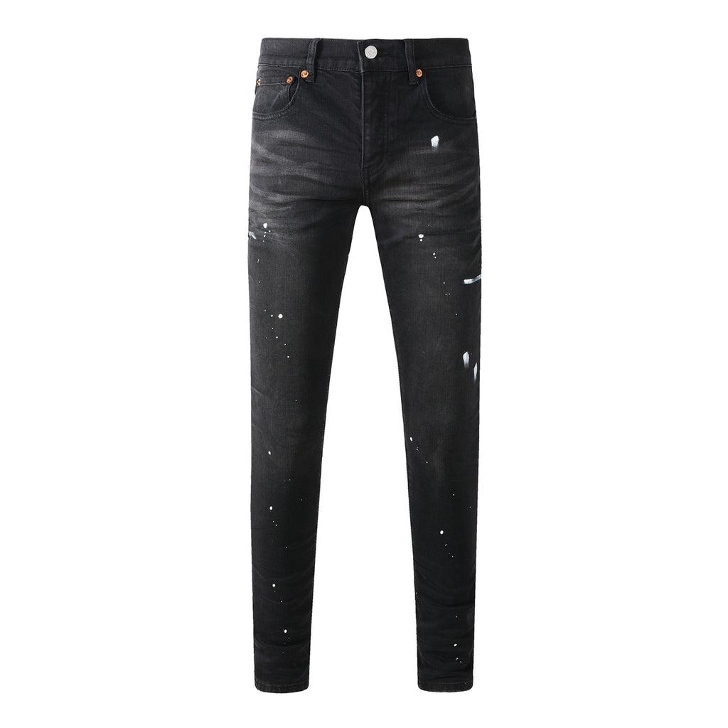 Men's Distressed Black Skinny Jeans with Graffiti Print, Ripped Holes & Button Fly