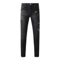 Men's Distressed Black Skinny Jeans with Graffiti Print, Ripped Holes & Button Fly