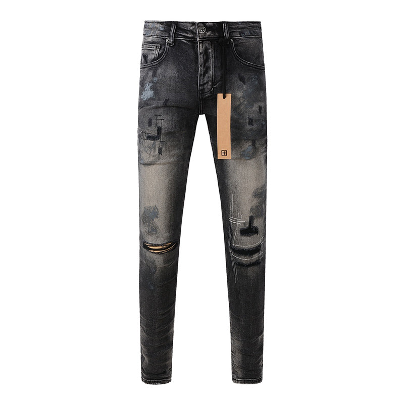 Men's Black Gray Washed Distressed Skinny Jeans - Streetwear Ripped Denim Pants