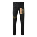 Men’s Black Waxed Skinny Jeans - Gold Studded Streetwear Denim
