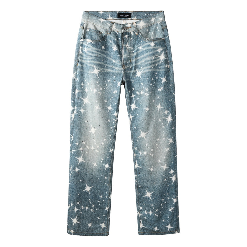 Distressed Blue Rhinestones Baggy Jeans - Printing Patterns & Loose Ripped Denim