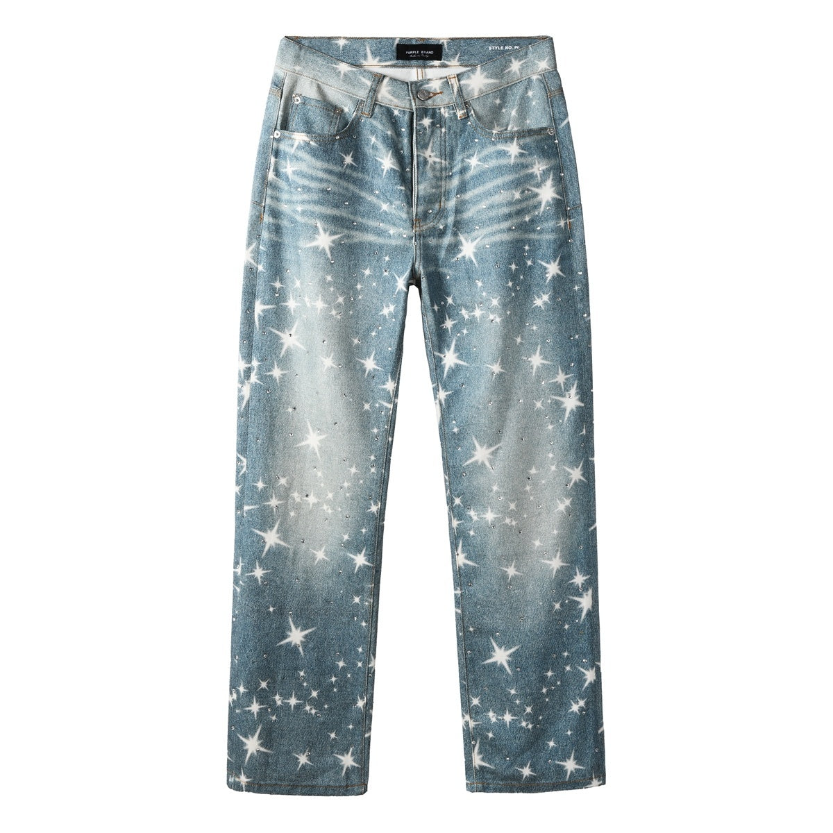 Distressed Blue Rhinestones Baggy Jeans - Printing Patterns & Loose Ripped Denim