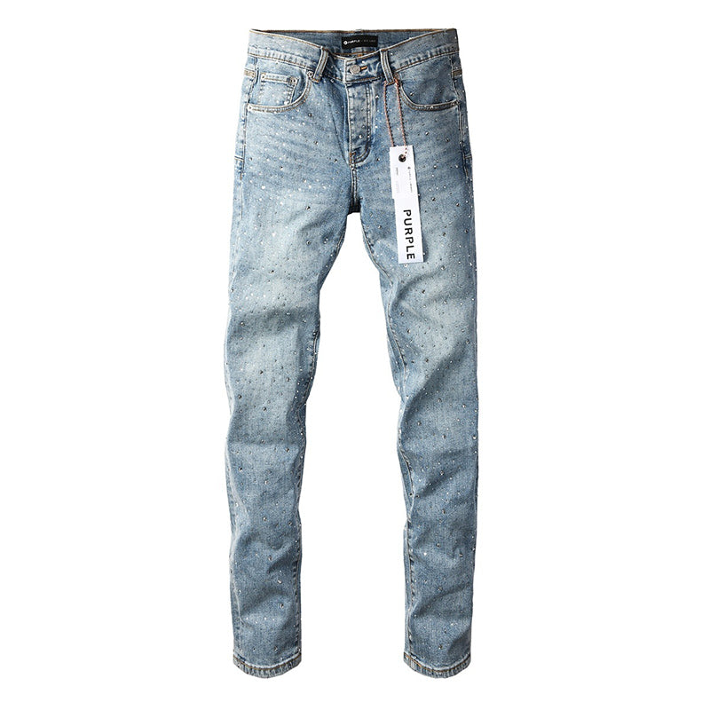 Men's Light Wash All-Over Rhinestone Skinny Jeans | Streetwear Slim Fit Embellished Denim Pants