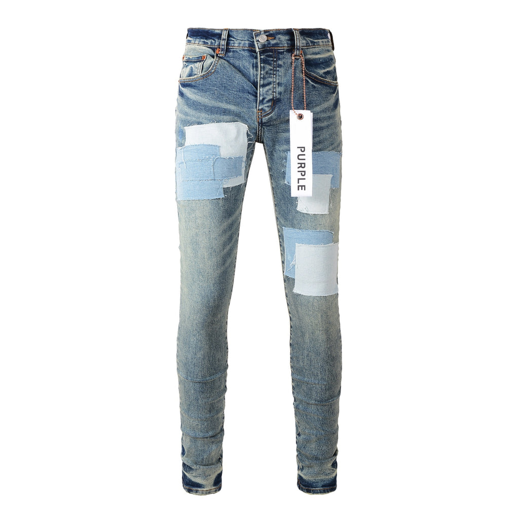 Men's Distressed Light Blue Patchwork Stretch Slim Fit Ripped Denim Jeans