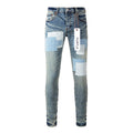 Men's Distressed Light Blue Patchwork Stretch Slim Fit Ripped Denim Jeans