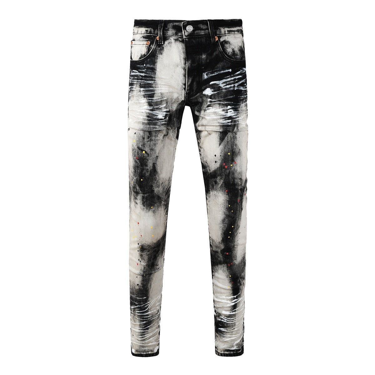 Men's Tie-Dye Graffiti Skinny Jeans with Ripped Holes & Button Fly