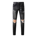 Men's Distressed Black Gray Skinny Jeans with Ripped Holes & Button Fly