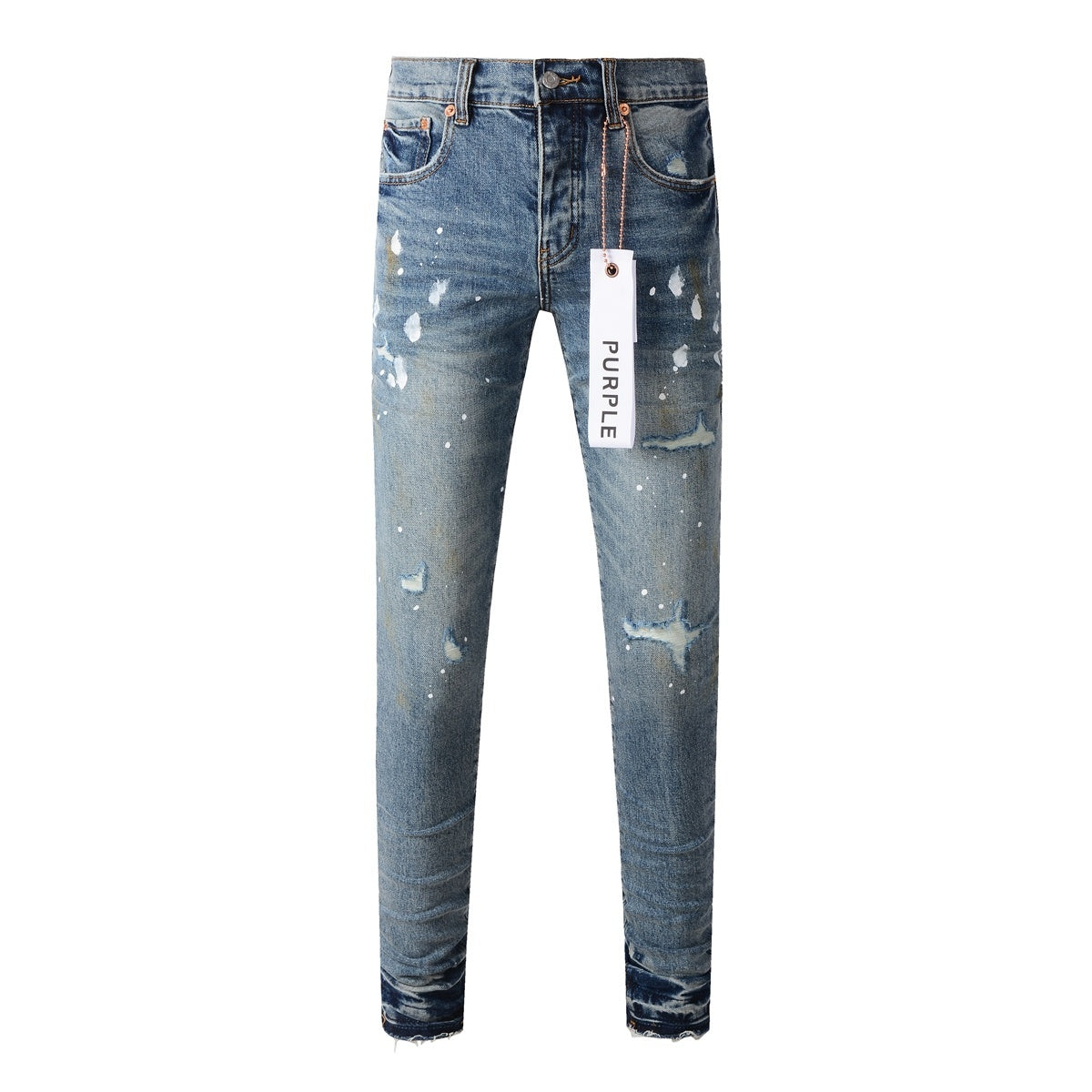 Men's Slim Fit Distressed Blue Graffiti Skinny Jeans with Ripped Holes & Button Fly