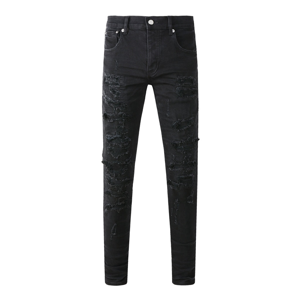 Men's Distressed Black Skinny Jeans with Ripped Holes & Button Fly
