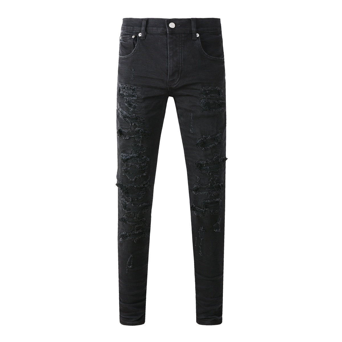 Men's Distressed Black Skinny Jeans with Ripped Holes & Button Fly