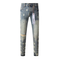 Men's Distressed Light Blue Graffiti Skinny Jeans with Ripped Holes & Button Fly