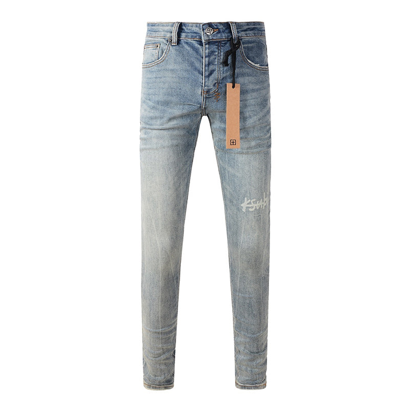Men's Light Wash Ksubi-Inspired Graffiti Skinny Jeans - Slim Denim Pants