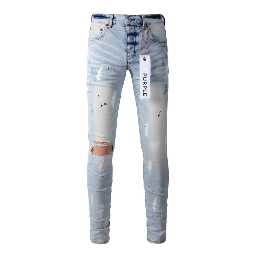 Men's High Street Washed Light Blue Distressed Damaged Holes Ripped Jeans