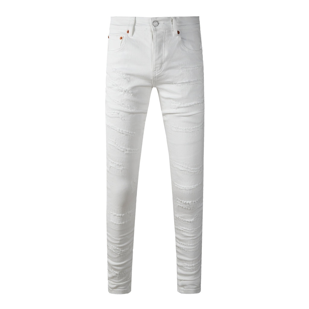 Men's Distressed White Beige Skinny Jeans with Ripped Holes & Button Fly