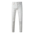 Men's Distressed White Beige Skinny Jeans with Ripped Holes & Button Fly