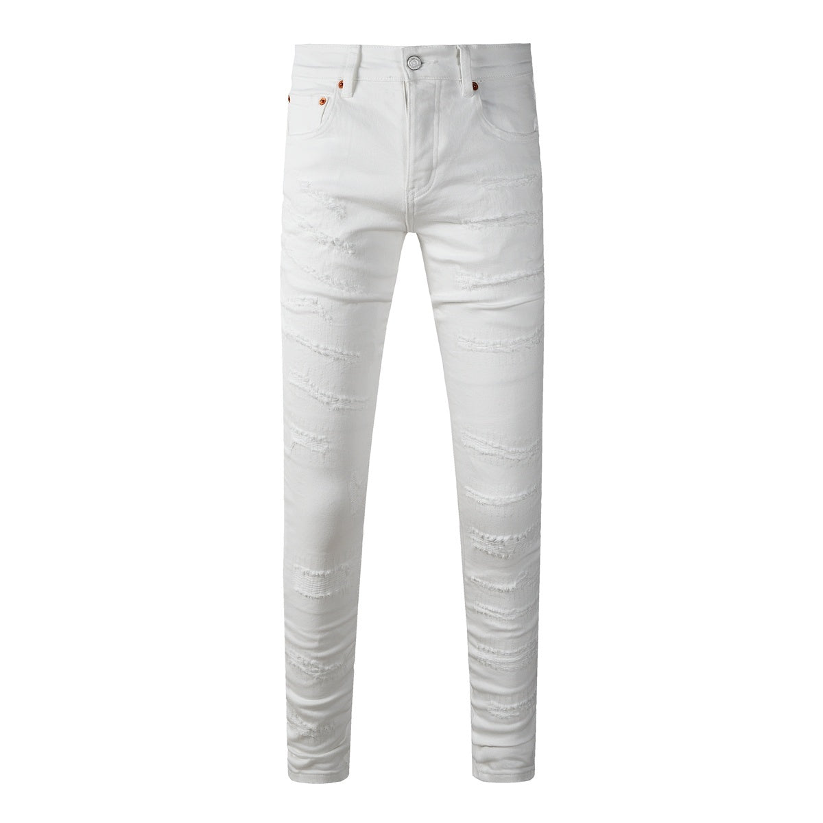 Men's Distressed White Beige Skinny Jeans with Ripped Holes & Button Fly