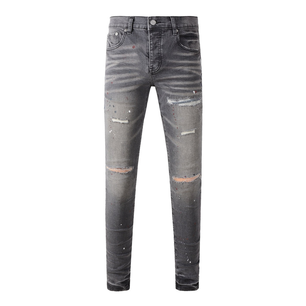 Men's Distressed Gray Graffiti Skinny Jeans with Ripped Holes & Button Fly