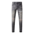 Men's Distressed Gray Graffiti Skinny Jeans with Ripped Holes & Button Fly