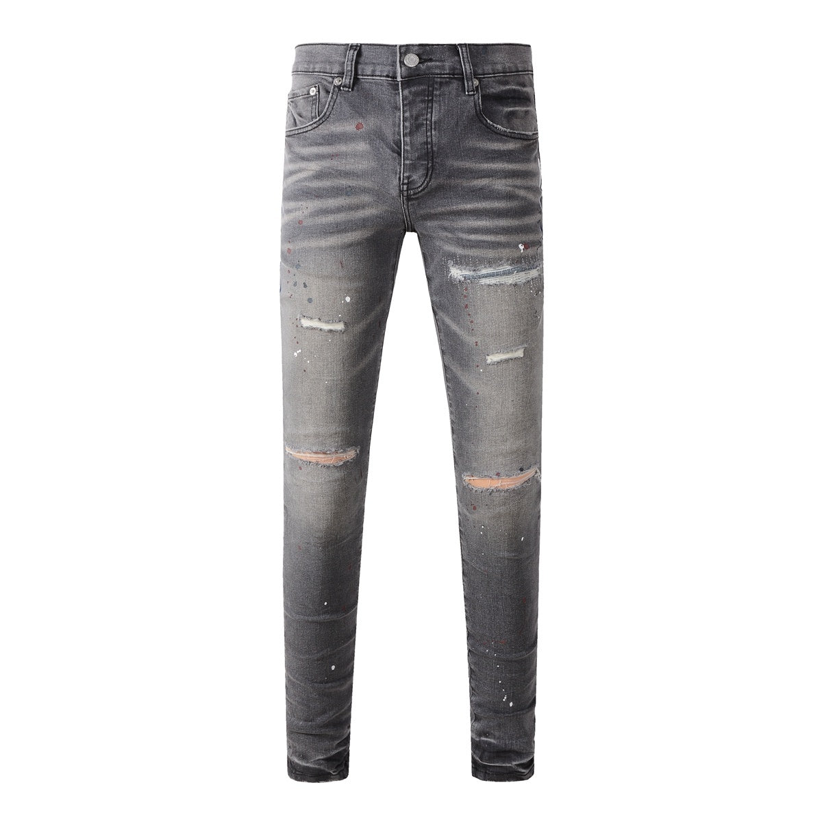 Men's Distressed Gray Graffiti Skinny Jeans with Ripped Holes & Button Fly