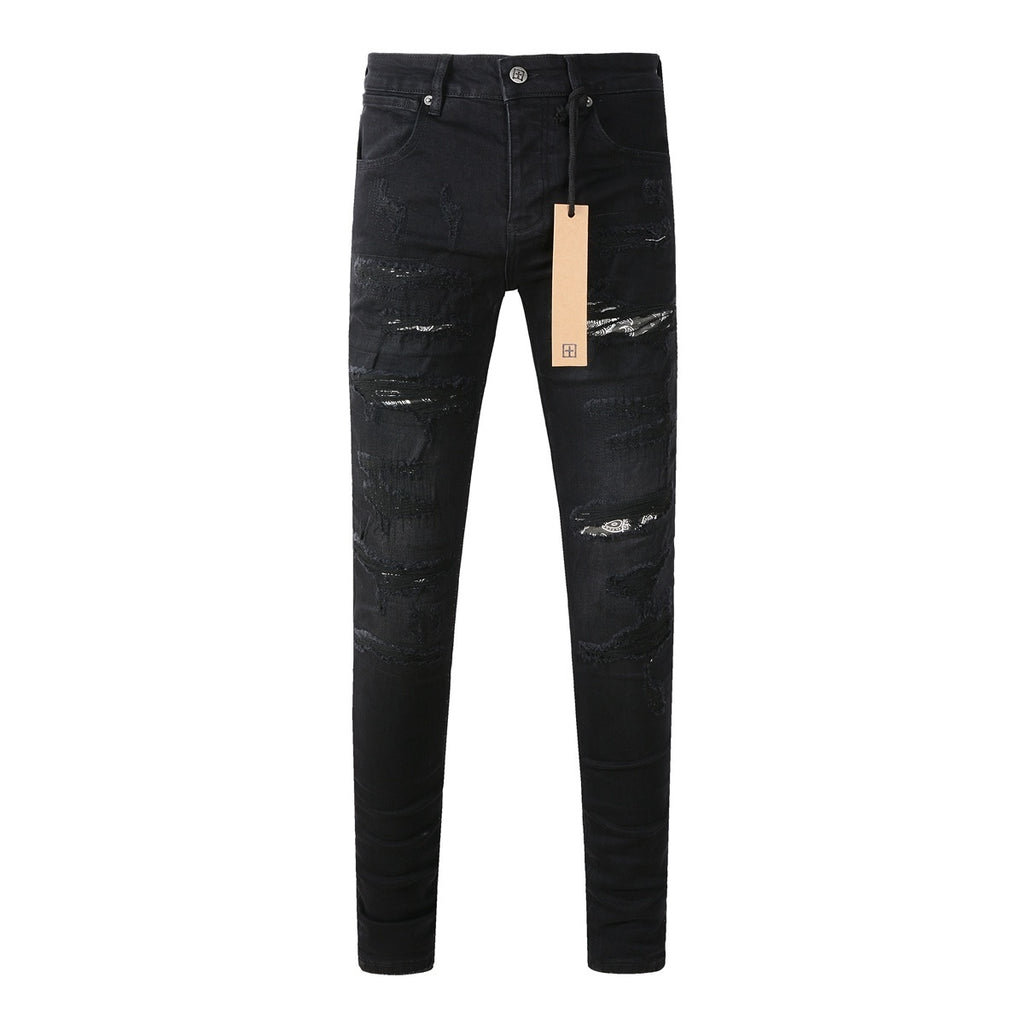 Men's Black Heavy Distressed Bandana Patch Skinny Jeans - Stretch Denim