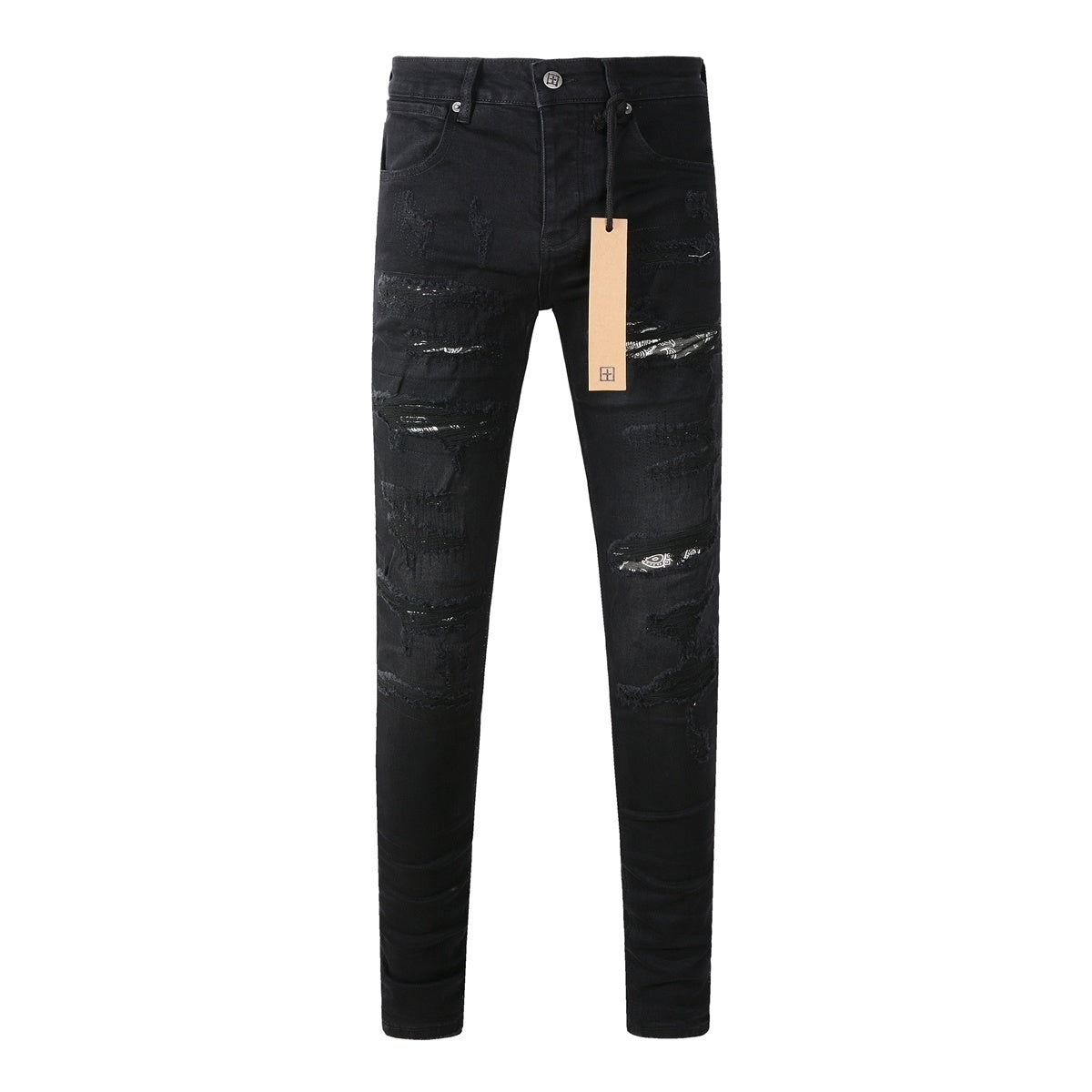 Men's Black Heavy Distressed Bandana Patch Skinny Jeans - Stretch Denim