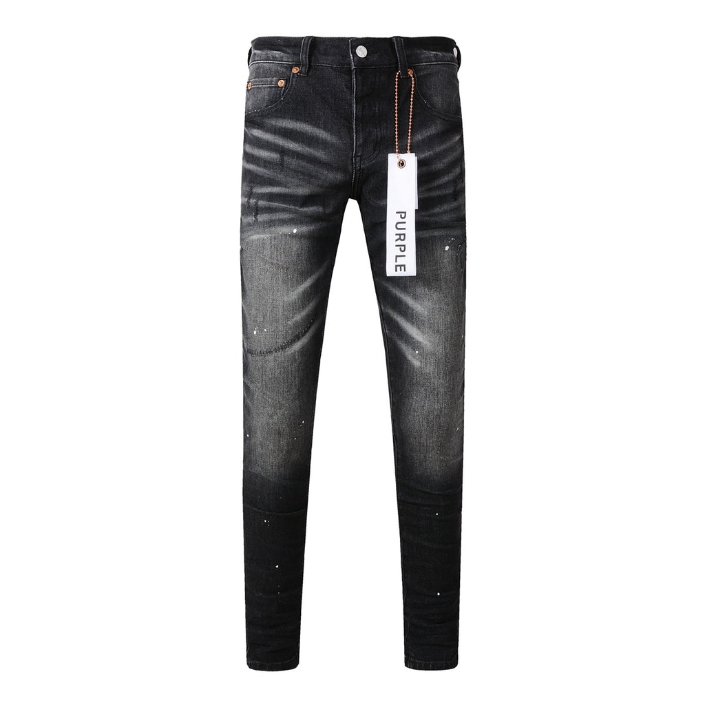 Men's High Street Distressed Black Gray Stretch Slim Fit Ripped Jeans
