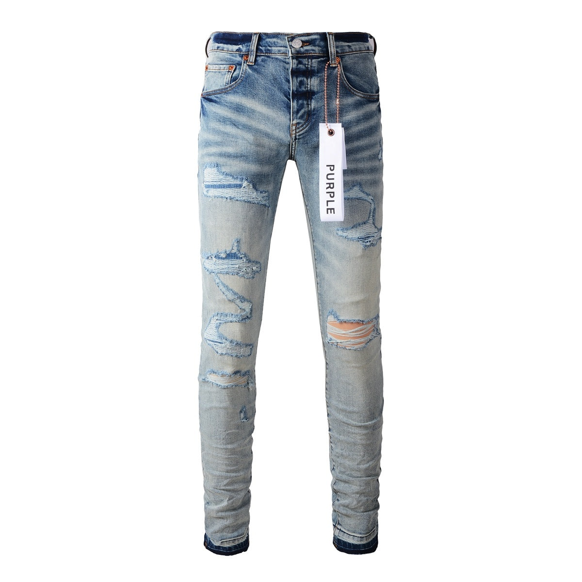 Men's Streetwear Slim Fit Distressed Light Blue Stretch Skinny Damaged Holes Raw Hems Ripped Jeans