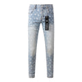 Men's Distressed Light Blue Skinny Jeans with Laser Print Patterns & Button Fly
