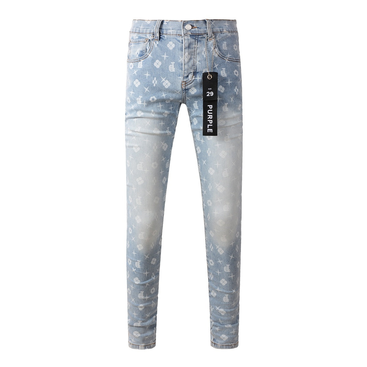 Men's Distressed Light Blue Skinny Jeans with Laser Print Patterns & Button Fly