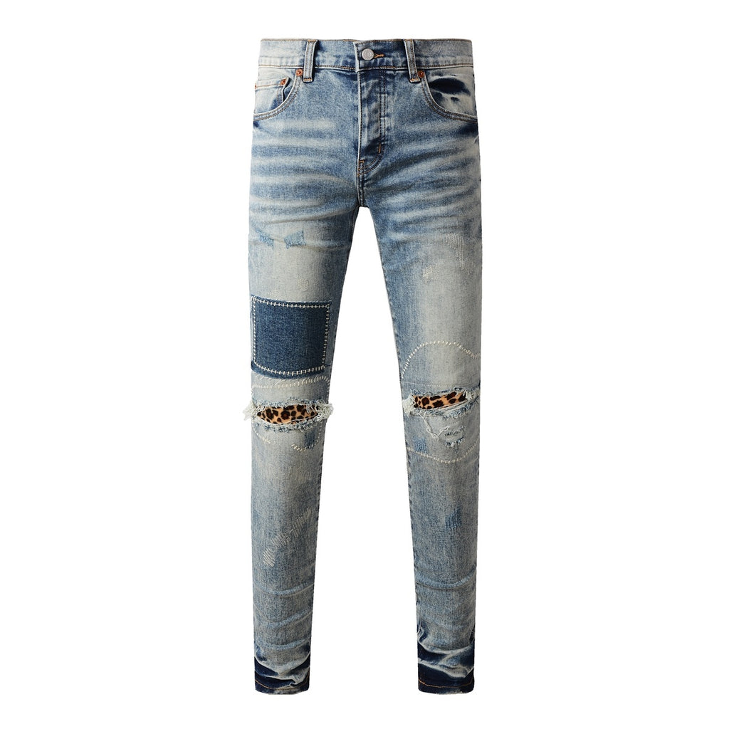 Men's Distressed Light Blue Slim Fit Patchwork Skinny Jeans with Ripped Holes & Button Fly