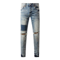 Men's Distressed Light Blue Slim Fit Patchwork Skinny Jeans with Ripped Holes & Button Fly
