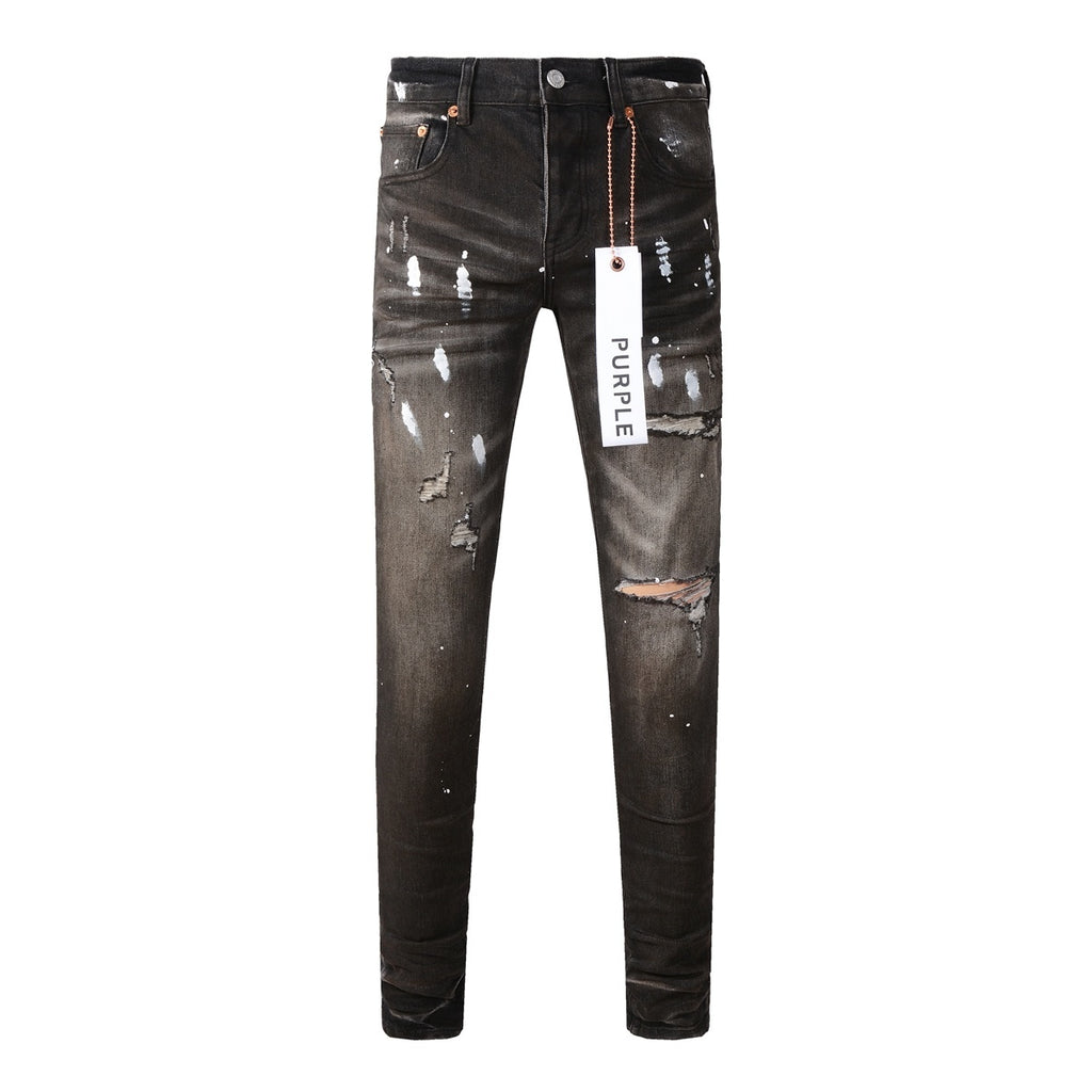 Men's High Street Distressed Damaged Holes Stretch Slim Fit Spray Painted Ripped Jeans