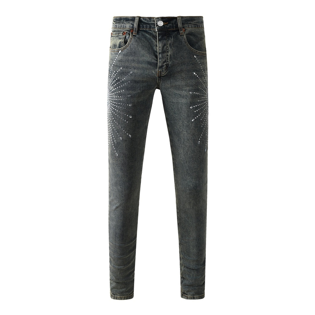 Men's Washed Blue Skinny Jeans with Ripped Holes, Rhinestones & Button Fly