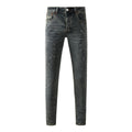 Men's Washed Blue Skinny Jeans with Ripped Holes, Rhinestones & Button Fly