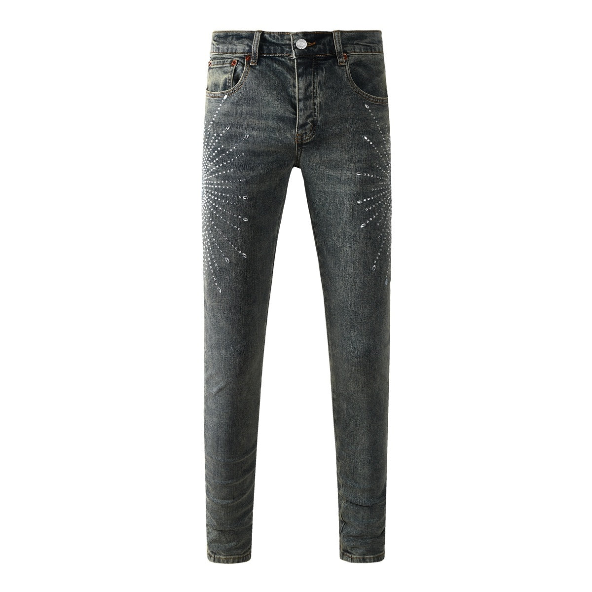 Men's Washed Blue Skinny Jeans with Ripped Holes, Rhinestones & Button Fly