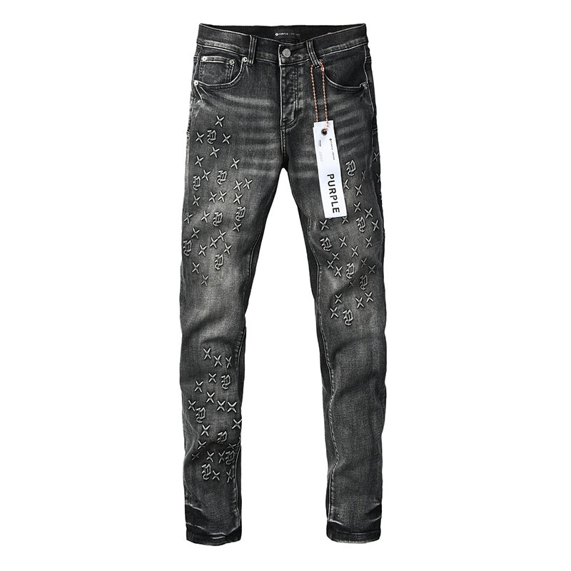 Men's Black Washed Embroidered Cross & Logo Skinny Jeans | Streetwear Slim Fit Denim Pants