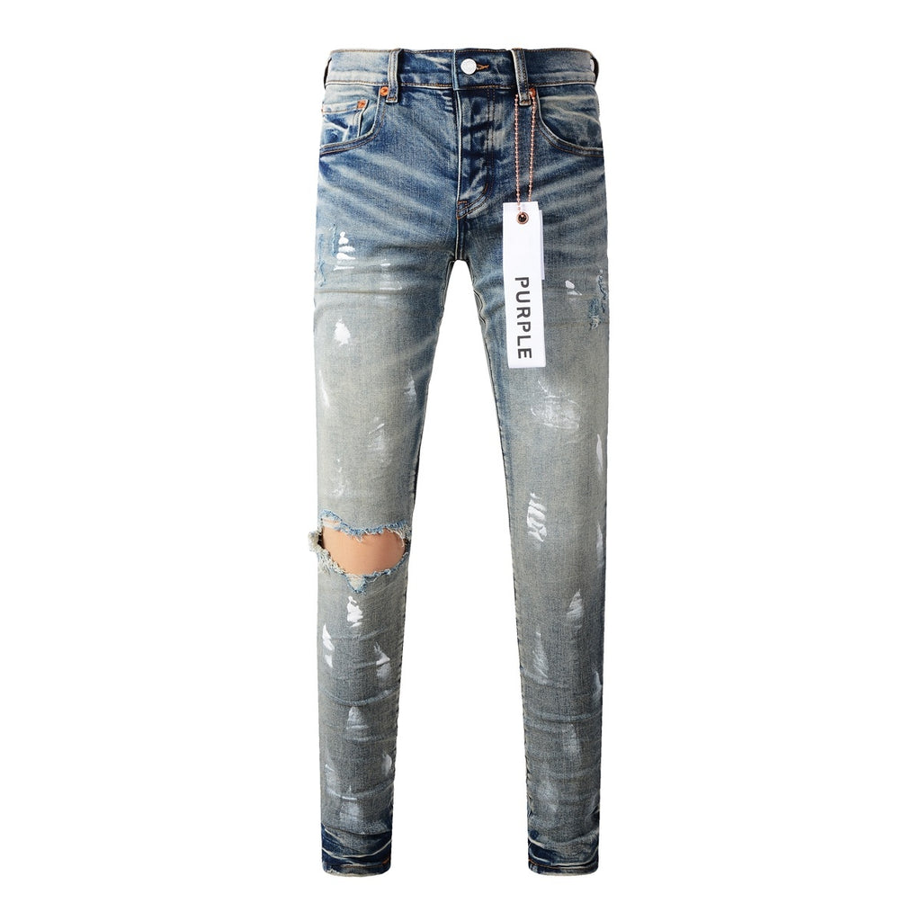 Men's Streetwear Slim Fit Distressed Blue Damaged Holes Graffiti Stretch Ripped Jeans