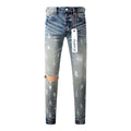Men's Streetwear Slim Fit Distressed Blue Damaged Holes Graffiti Stretch Ripped Jeans