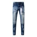 Men's High Street Distressed Classic Blue Graffiti Painted Stretch Skinny Ripped Jeans
