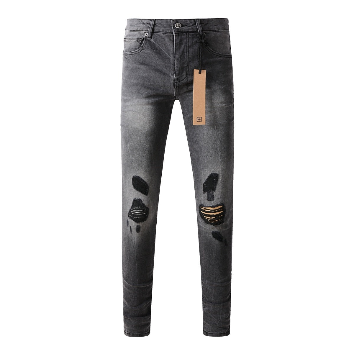 Men's Grey Wash Patchwork Distressed Skinny Jeans - Stretch Denim